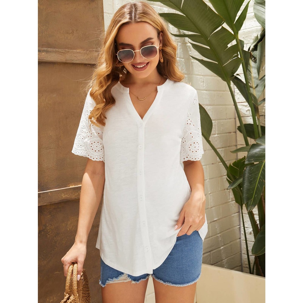 Maternity Notch v Neck Schiffy eyelet lace Sleeve Blouse white
